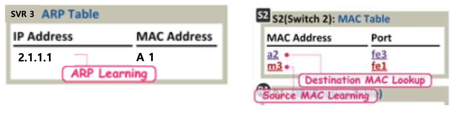 svr3 arp table s2 mac table